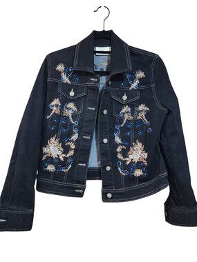 La Bellum Hillary Scott Black Jean Jacket Embellished Embroidered Womens Sz S